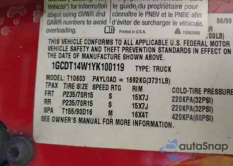 2000 Chevrolet S-10 Ls from USA, damaged, VIN 1GCDT14W1YK100119